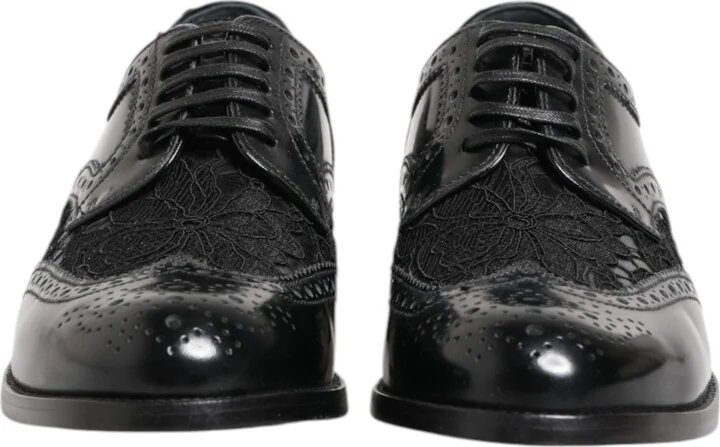 Black Leather Floral Lace Dress Formal Women's Shoes - Image 2