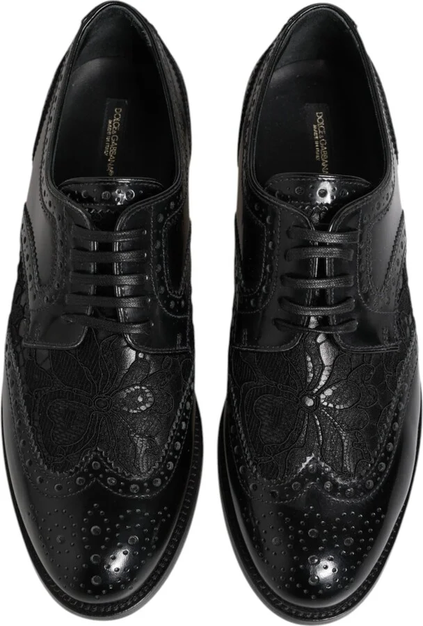 Black Leather Floral Lace Dress Formal Women's Shoes - Image 3