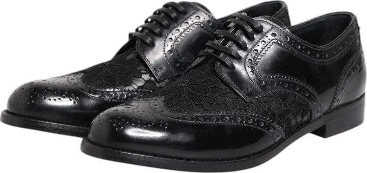 Black Leather Floral Lace Dress Formal Women's Shoes - Image 4