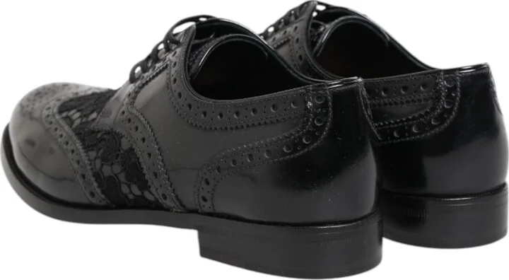 Black Leather Floral Lace Dress Formal Women's Shoes - Image 5