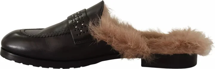 Black Leather Fur Perforated Slip On Flats Women's Shoes (Pre-Owned) - Image 3