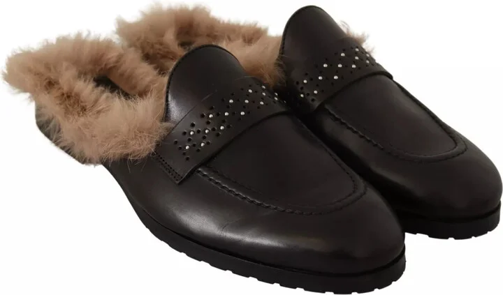 Black Leather Fur Perforated Slip On Flats Women's Shoes (Pre-Owned) - Image 4