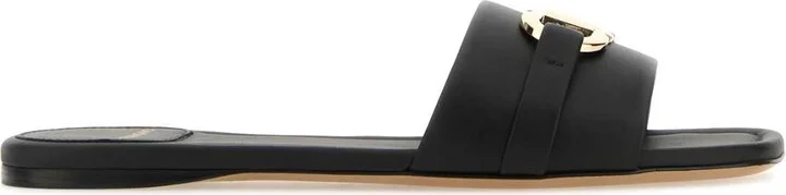 Black Leather Gancini Slippers