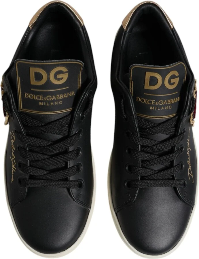 Black Leather Gold Red Heart Sneakers Women's Shoes - Image 3
