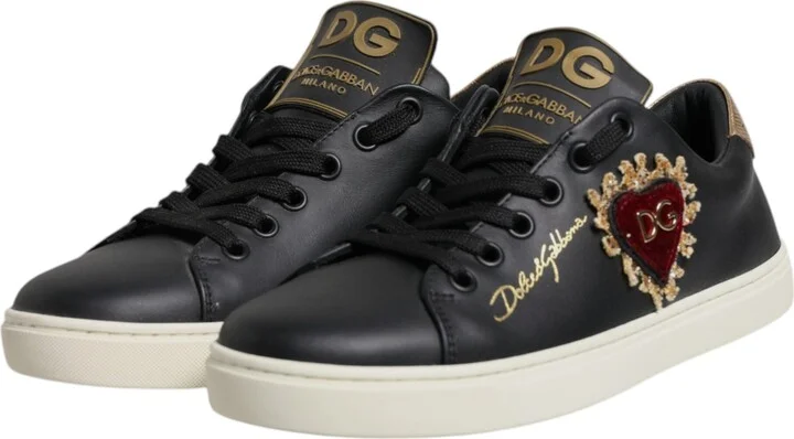 Black Leather Gold Red Heart Sneakers Women's Shoes - Image 4