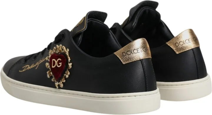 Black Leather Gold Red Heart Sneakers Women's Shoes - Image 5