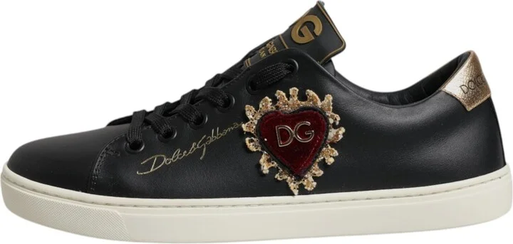 Black Leather Gold Red Heart Sneakers Women's Shoes - Image 6