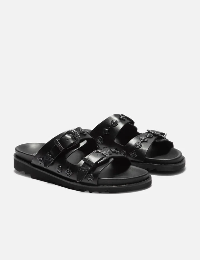 Black Leather Gunmetal Hardware Sandal - Image 4
