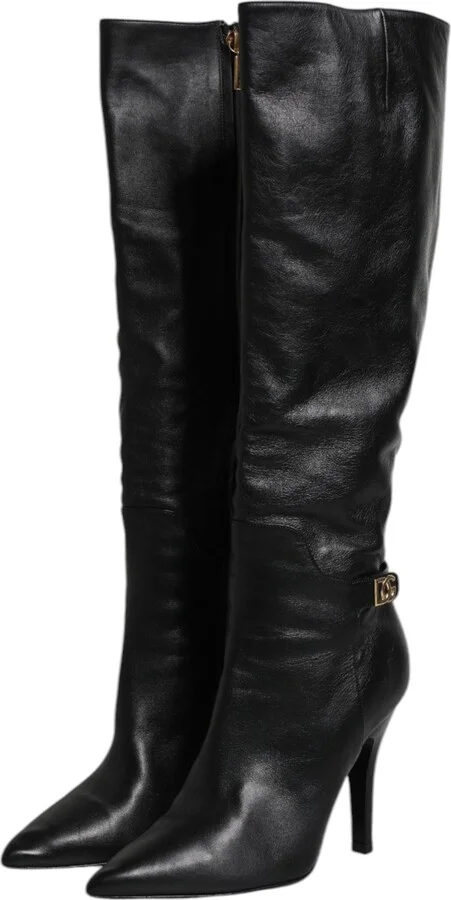 Black Leather Heels Knee High Boots Women's Shoes (Pre-Owned) - Image 4