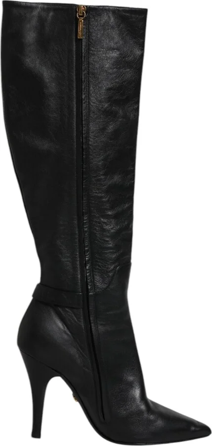Black Leather Heels Knee High Boots Women's Shoes (Pre-Owned)