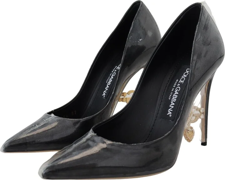 Black Leather Heels Pumps Plastic Wrapped Women's Shoes - Image 2