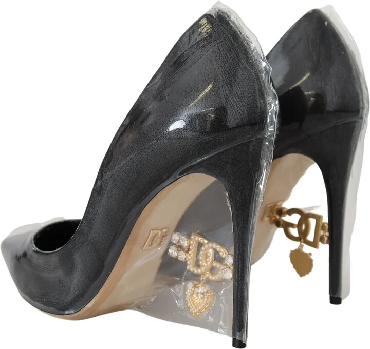Black Leather Heels Pumps Plastic Wrapped Women's Shoes - Image 3