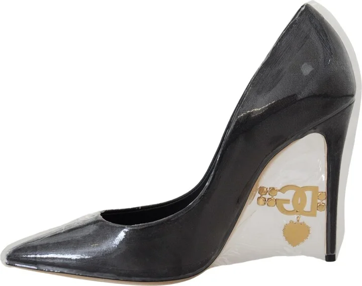 Black Leather Heels Pumps Plastic Wrapped Women's Shoes - Image 4