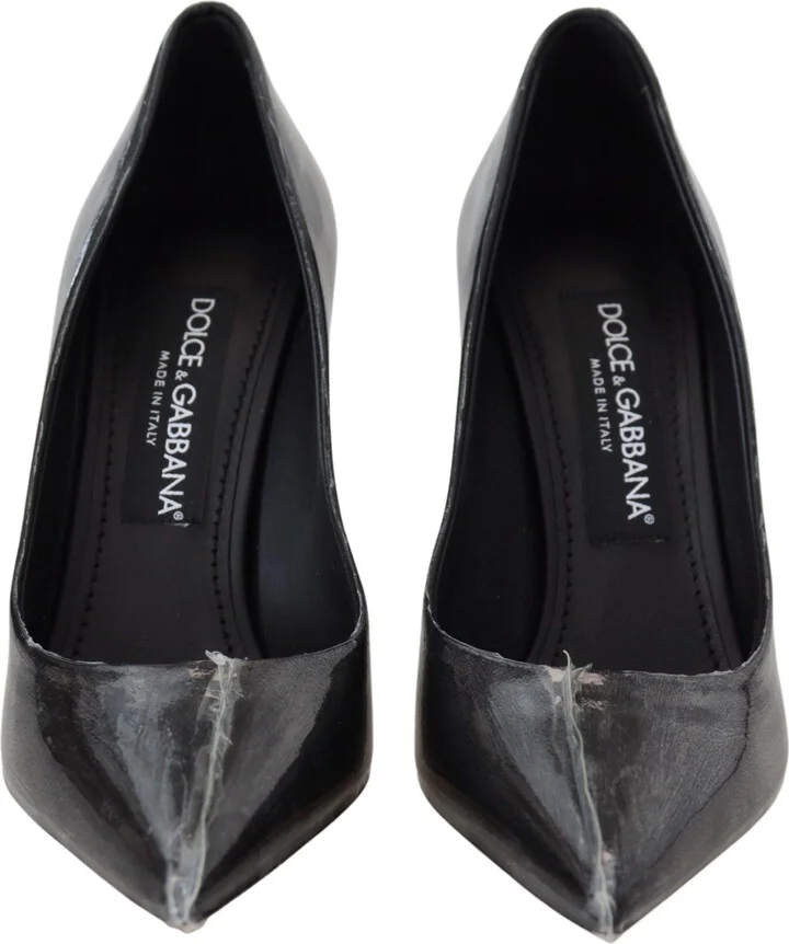 Black Leather Heels Pumps Plastic Wrapped Women's Shoes - Image 6