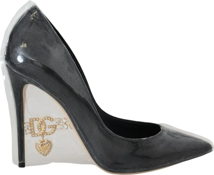 Black Leather Heels Pumps Plastic Wrapped Women's Shoes