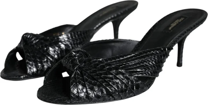 Black Leather Heels Slides Sandals Women's Shoes - Image 3