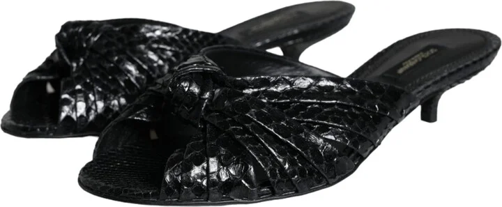 Black Leather Heels Slides Sandals Women's Shoes - Image 3