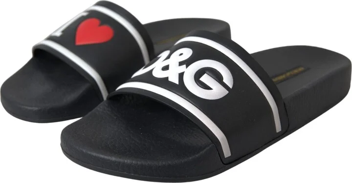 Black Leather I Love D&G Sandals Slides Women's Shoes - Image 3