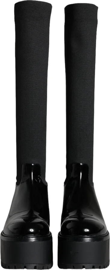 Black Leather Jersey Knee High Boots Women's Shoes - Image 2