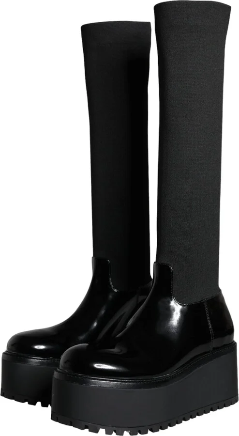 Black Leather Jersey Knee High Boots Women's Shoes - Image 3