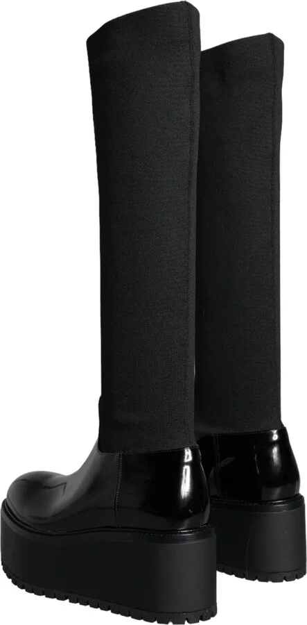 Black Leather Jersey Knee High Boots Women's Shoes - Image 4