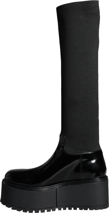 Black Leather Jersey Knee High Boots Women's Shoes - Image 5