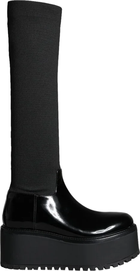 Black Leather Jersey Knee High Boots Women's Shoes