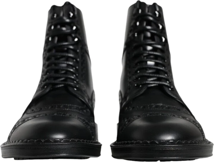 Black Leather Lace Up Mid Calf Boots Men's Shoes - Image 2