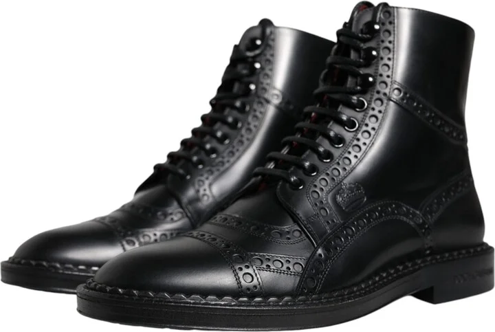 Black Leather Lace Up Mid Calf Boots Men's Shoes - Image 3