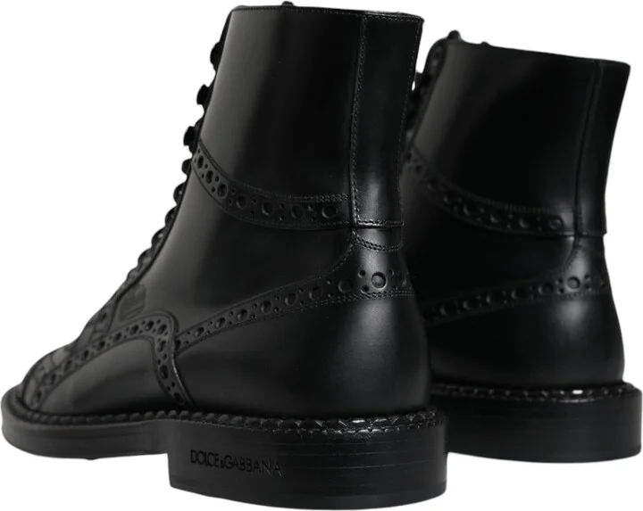 Black Leather Lace Up Mid Calf Boots Men's Shoes - Image 4