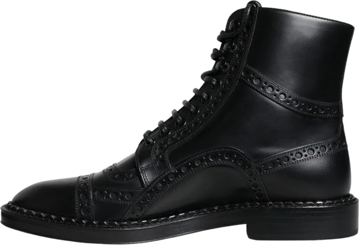 Black Leather Lace Up Mid Calf Boots Men's Shoes - Image 5