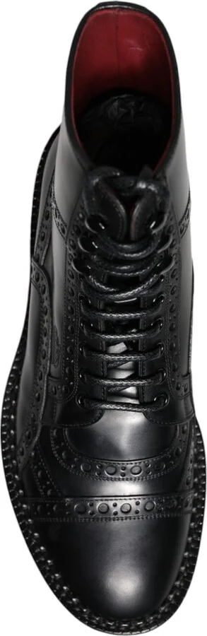 Black Leather Lace Up Mid Calf Boots Men's Shoes - Image 6