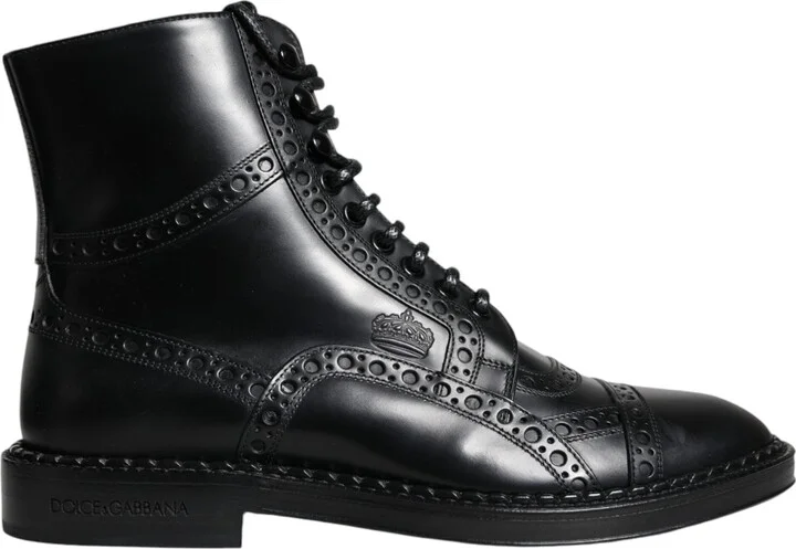 Black Leather Lace Up Mid Calf Boots Men's Shoes