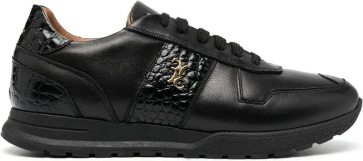 Black Leather Lo-Top Sneakers With Textured Finish