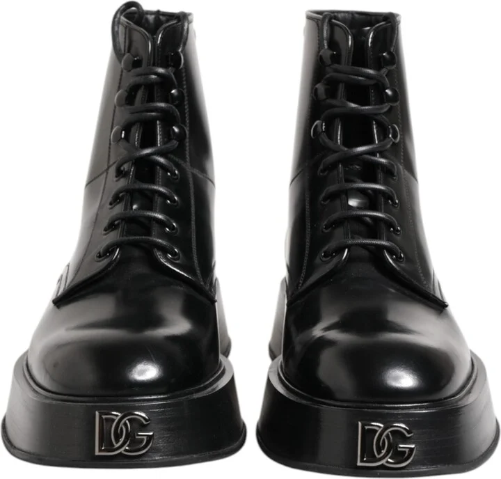 Black Leather Logo Ankle Boots Lace Up Men's Shoes - Image 2