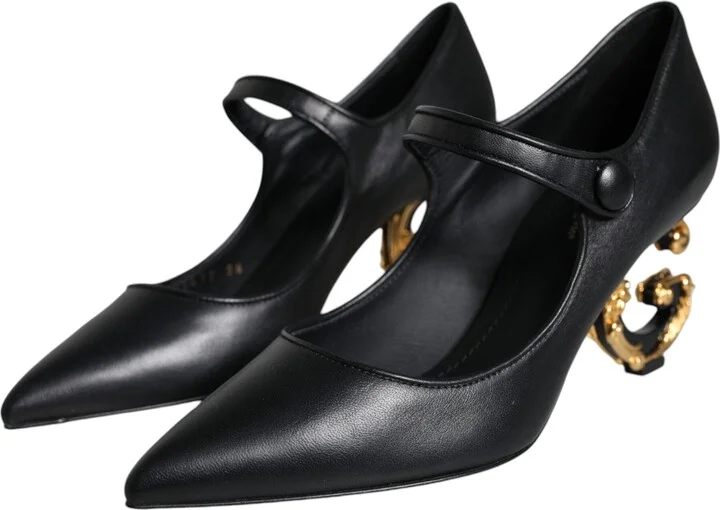 Black Leather Logo Heels Mary Janes Pumps Women's Shoes - Image 3