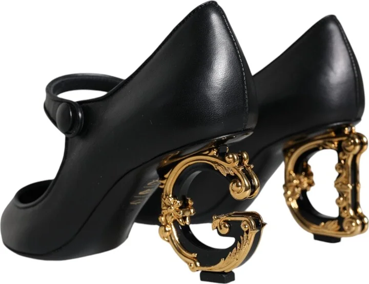Black Leather Logo Heels Mary Janes Pumps Women's Shoes - Image 4