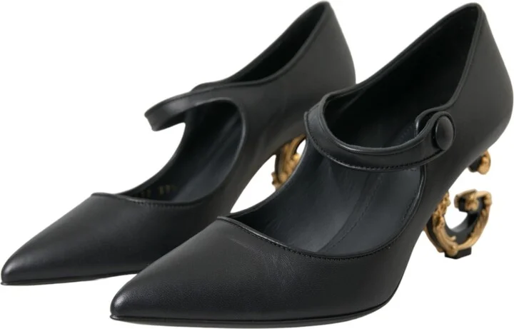Black Leather Logo Heels Mary Janes Pumps Women's Shoes - Image 3