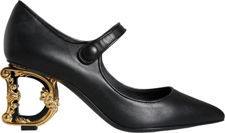 Black Leather Logo Heels Mary Janes Pumps Women's Shoes