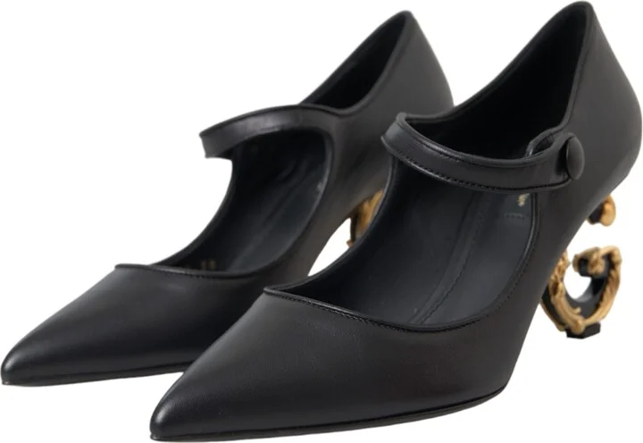 Black Leather Logo Heels Mary Janes Pumps Women's Shoes