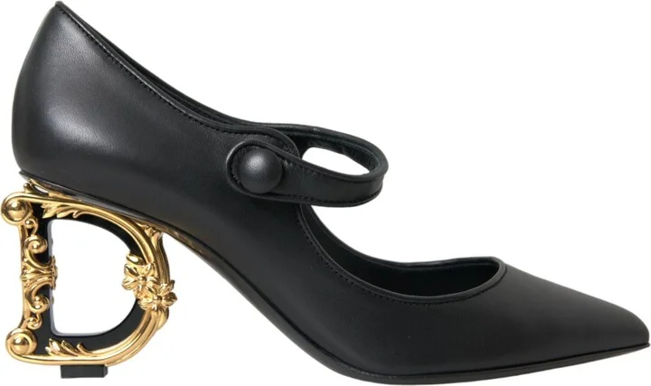 Black Leather Logo Heels Mary Janes Pumps Women's Shoes