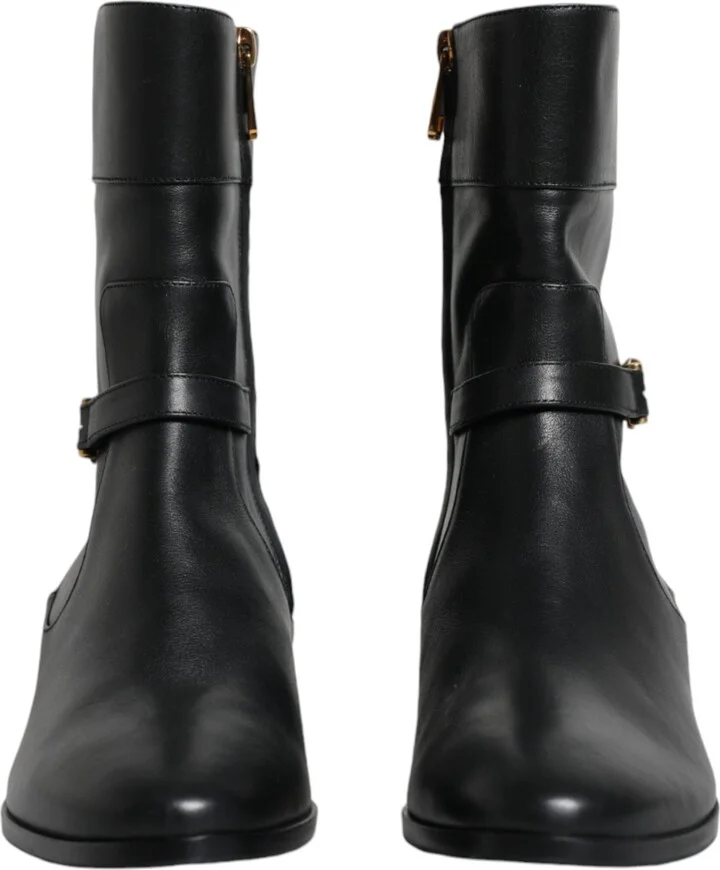 Black Leather Logo Mid Calf Boots Women's Shoes - Image 2