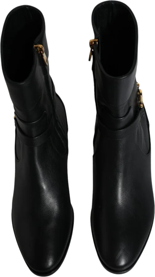 Black Leather Logo Mid Calf Boots Women's Shoes - Image 3