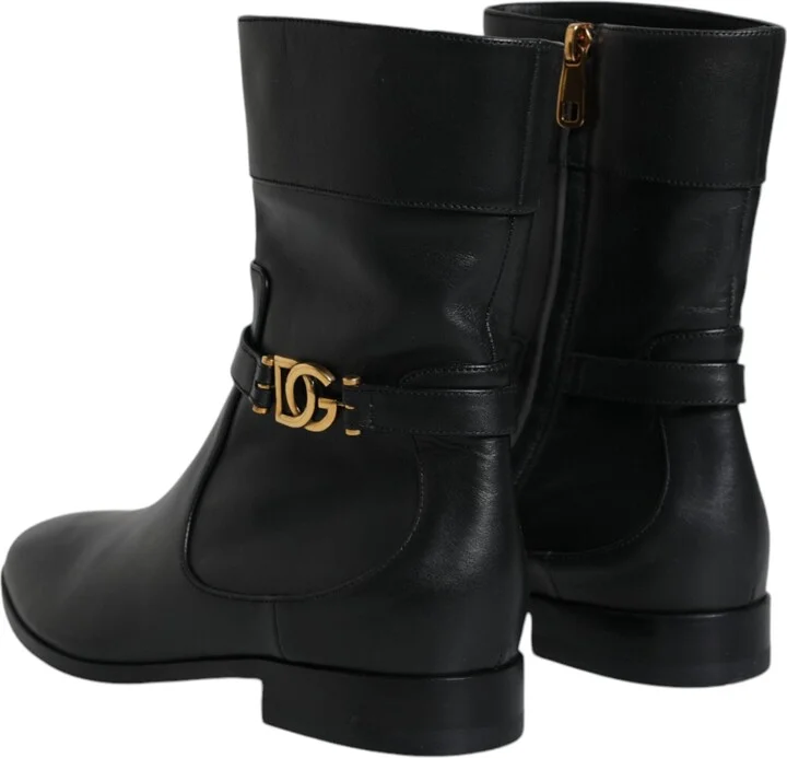 Black Leather Logo Mid Calf Boots Women's Shoes - Image 5