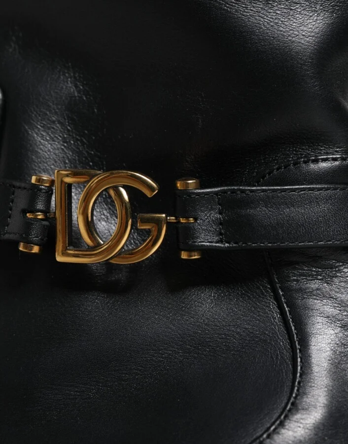 Black Leather Logo Mid Calf Boots Women's Shoes - Image 6