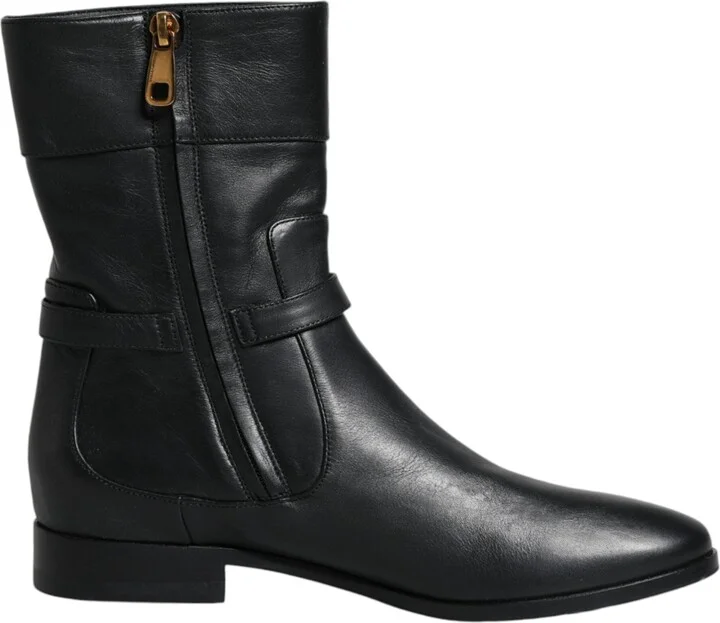 Black Leather Logo Mid Calf Boots Women's Shoes