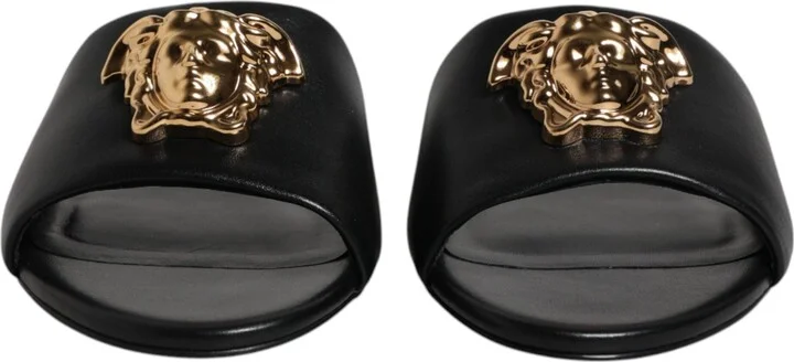 Black Leather Logo Plaque Slip On Slides Flats Women's Shoes - Image 2