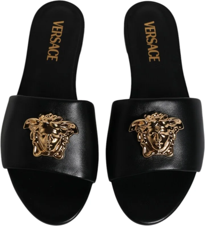 Black Leather Logo Plaque Slip On Slides Flats Women's Shoes - Image 3