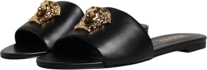 Black Leather Logo Plaque Slip On Slides Flats Women's Shoes - Image 4