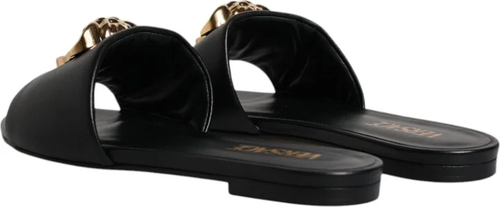 Black Leather Logo Plaque Slip On Slides Flats Women's Shoes - Image 5